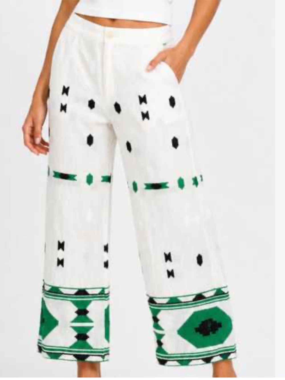 Zara Linen Cropped Pants with Green & Black Embroidery